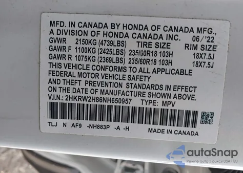 2022 Honda Cr-V Awd Ex-L z USA, uszkodzony, nr VIN 2HKRW2H86NH650957